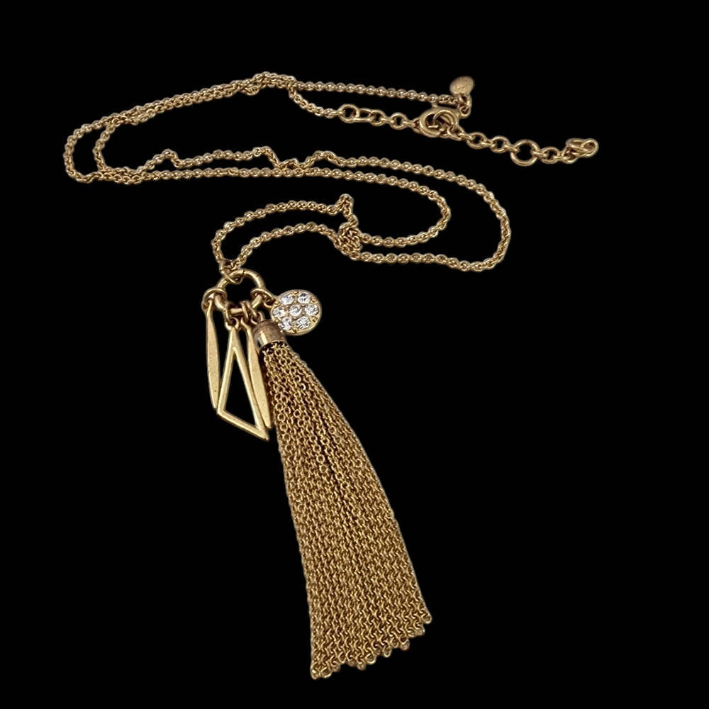 J. Crew long pendant necklace in art deco style antique gold tone multi pendants
